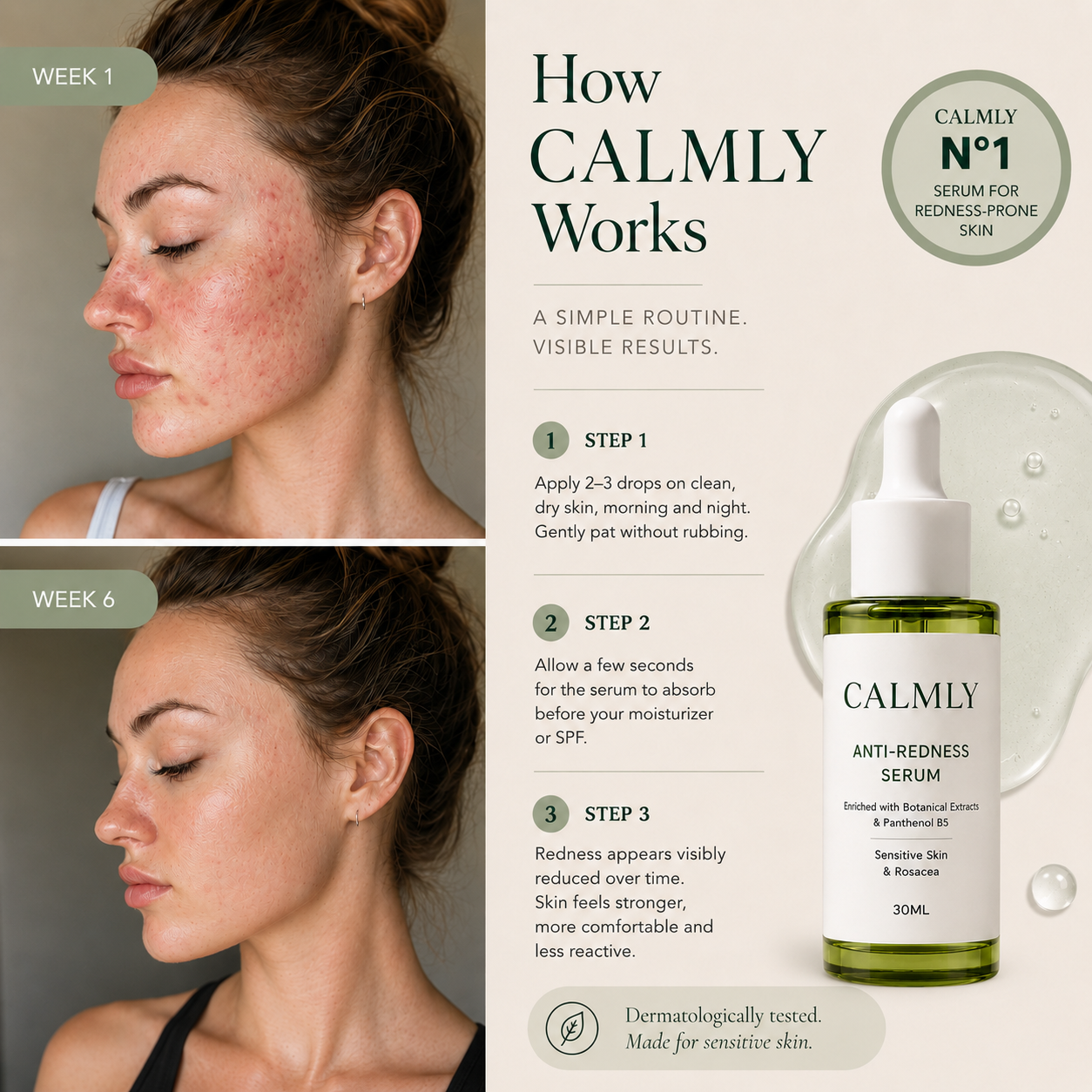 How to use CALMLY Anti-Redness Serum morning and night