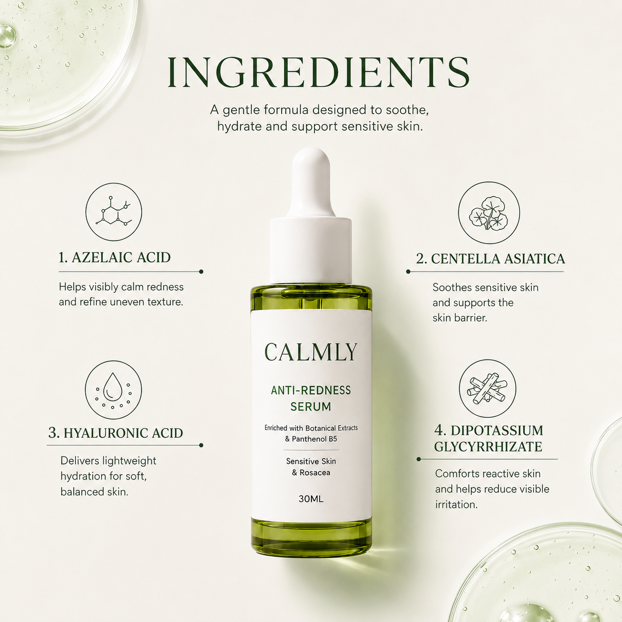 CALMLY ingredient overview with azelaic acid, hyaluronic acid and centella asiatica