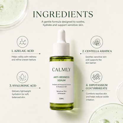 CALMLY ingredient overview with azelaic acid, hyaluronic acid and centella asiatica